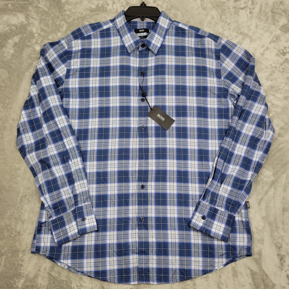 Hugo‎ Boss Long Sleeve Button Up Shirt Mens 2XL Blue Plaid Slim Fit Cotton (NWT)